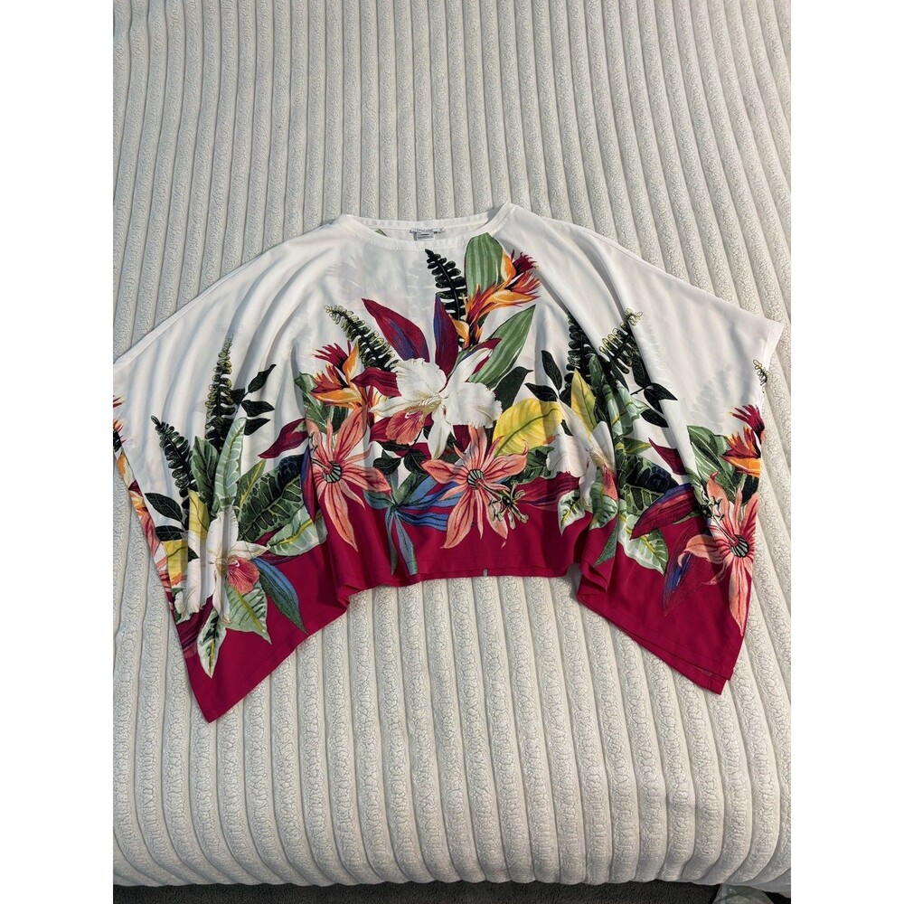 Chico's Wildflower Crepe Boatneck Poncho L/XL Cottage Core Boho Chic Floral